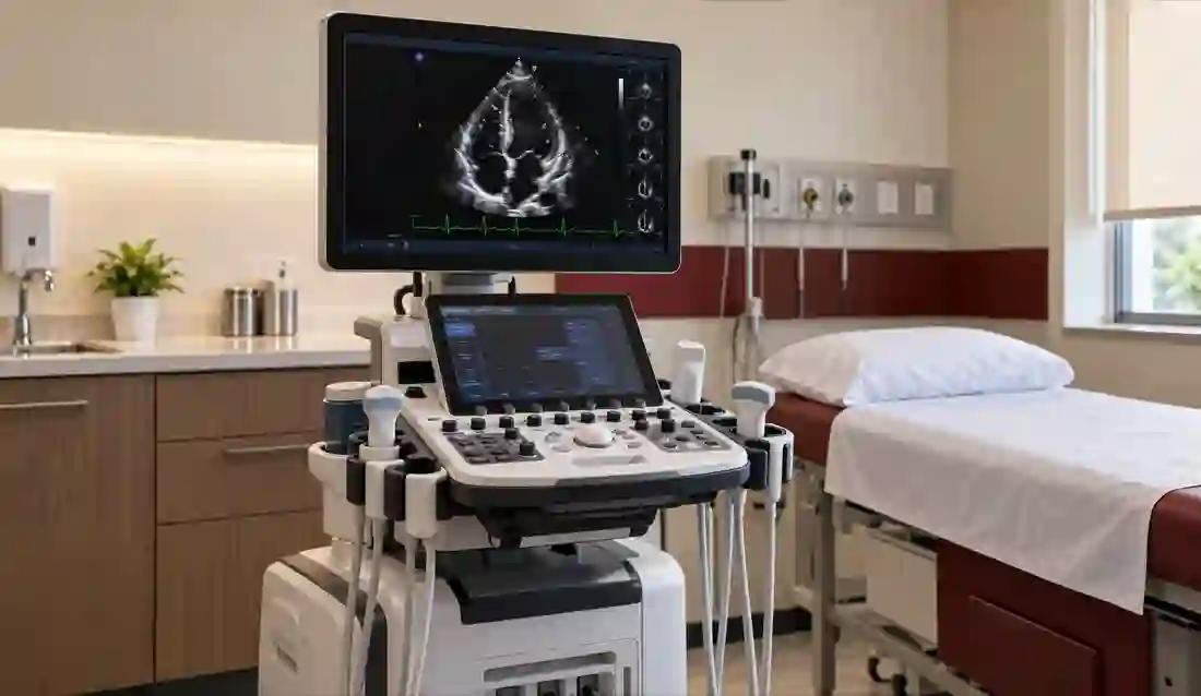 Echocardiography ultrasound system in an examination room.